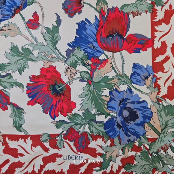 Liberty Silk Scarf Floral Design Hand-Rolled Red, Blue, Green - Picture 6 of 15